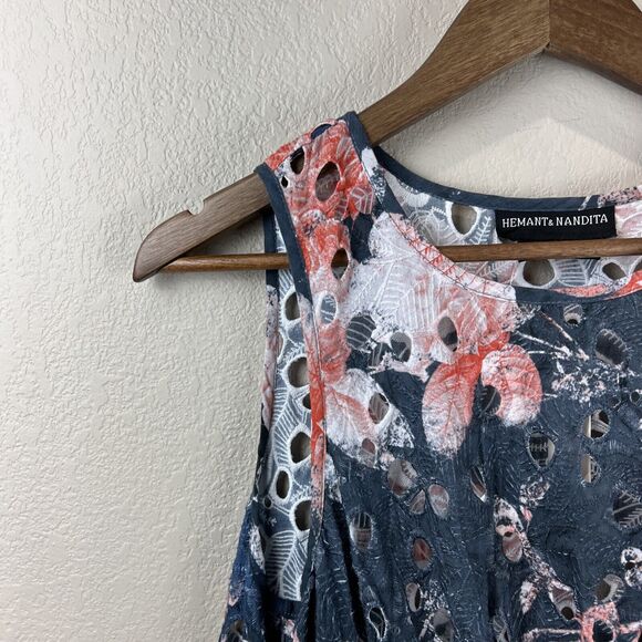 Hemant Nandita Dress Women 4 Pink Blue Eyelet Sleeveless Spring‎ Romantic - Picture 2 of 9